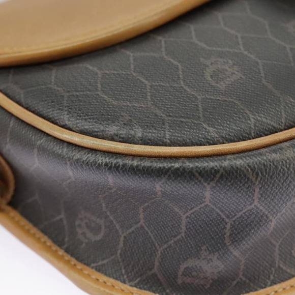 Christian Dior Honeycomb Canvas Shoulder Bag PVC Leather Beige Gold Auth bs18673